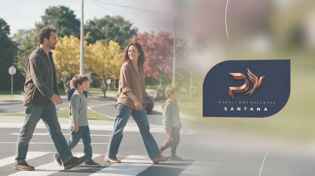 Família atravessando a rua no Portal dos Pássaros Santana